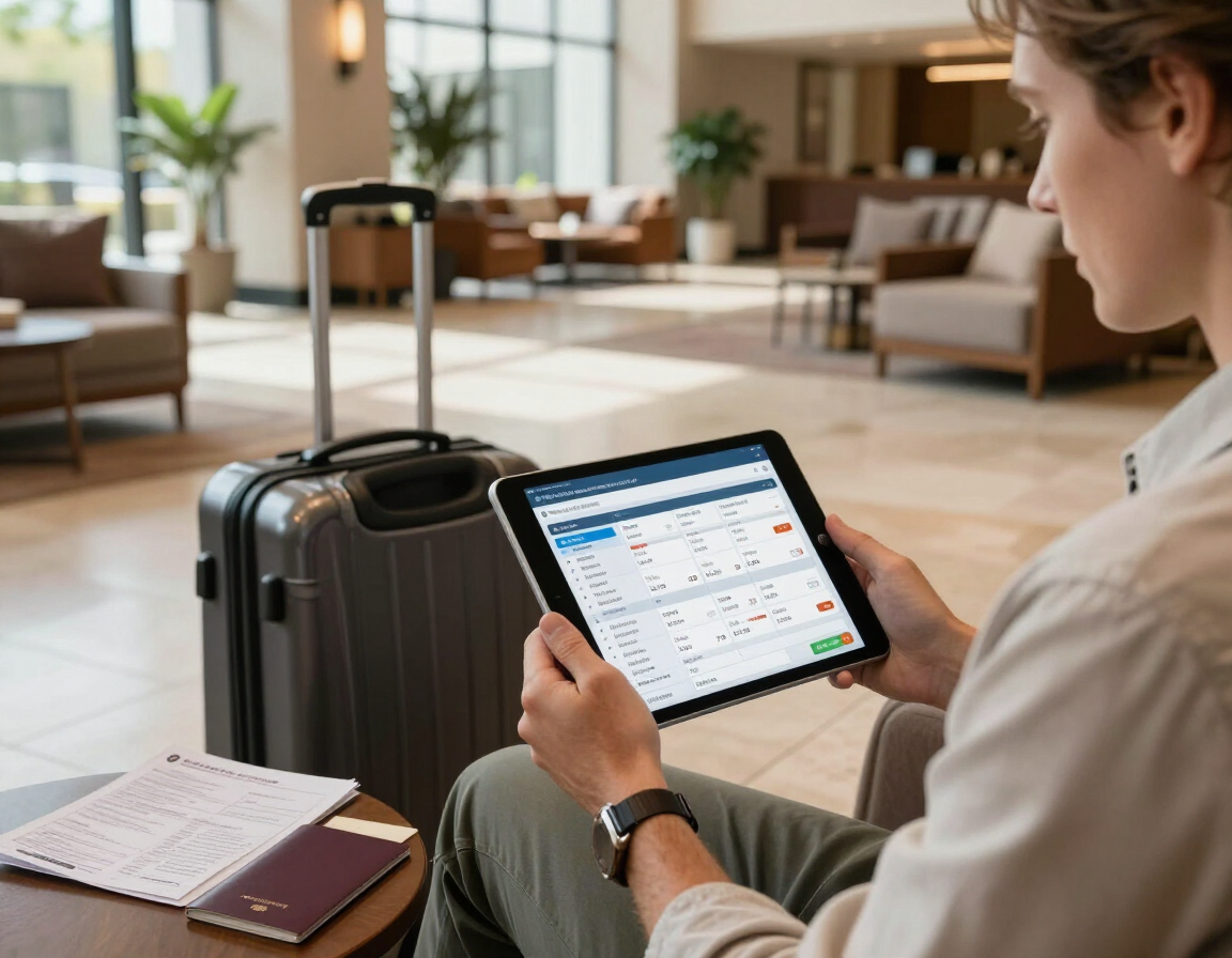 A traveller checking connecting transport and hotel bookings