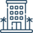Hotel building with palm trees, dark blue line art.