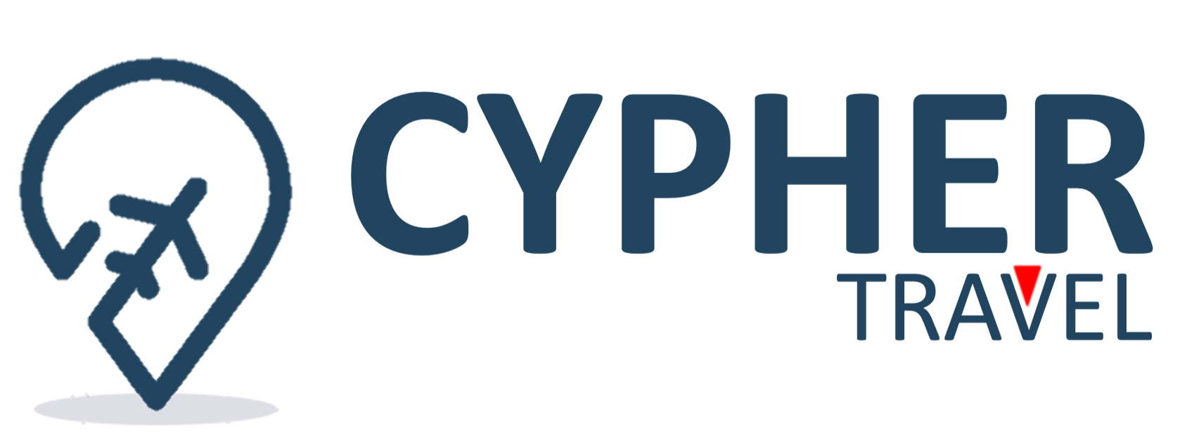 Logo with a blue airplane icon inside a location pin, and the words