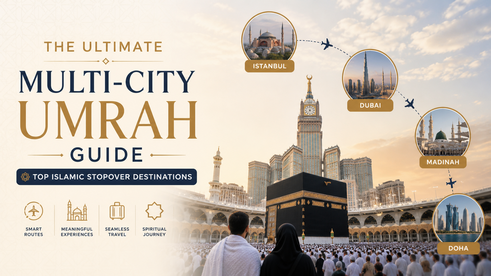 Multi-city Umrah guide poster with Kaaba, mosque landmarks, and golden travel-themed icons