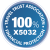 Blue Travel Trust Association badge: 100% financial protection; code X5032.