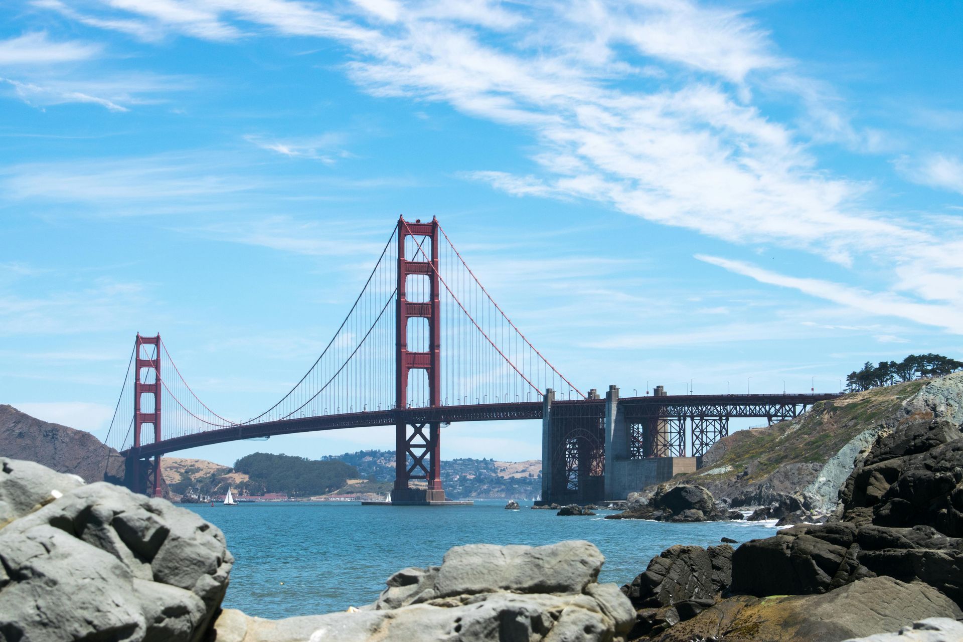 Golden Gate Bridge spanning blue water, under a partly cloudy sky.