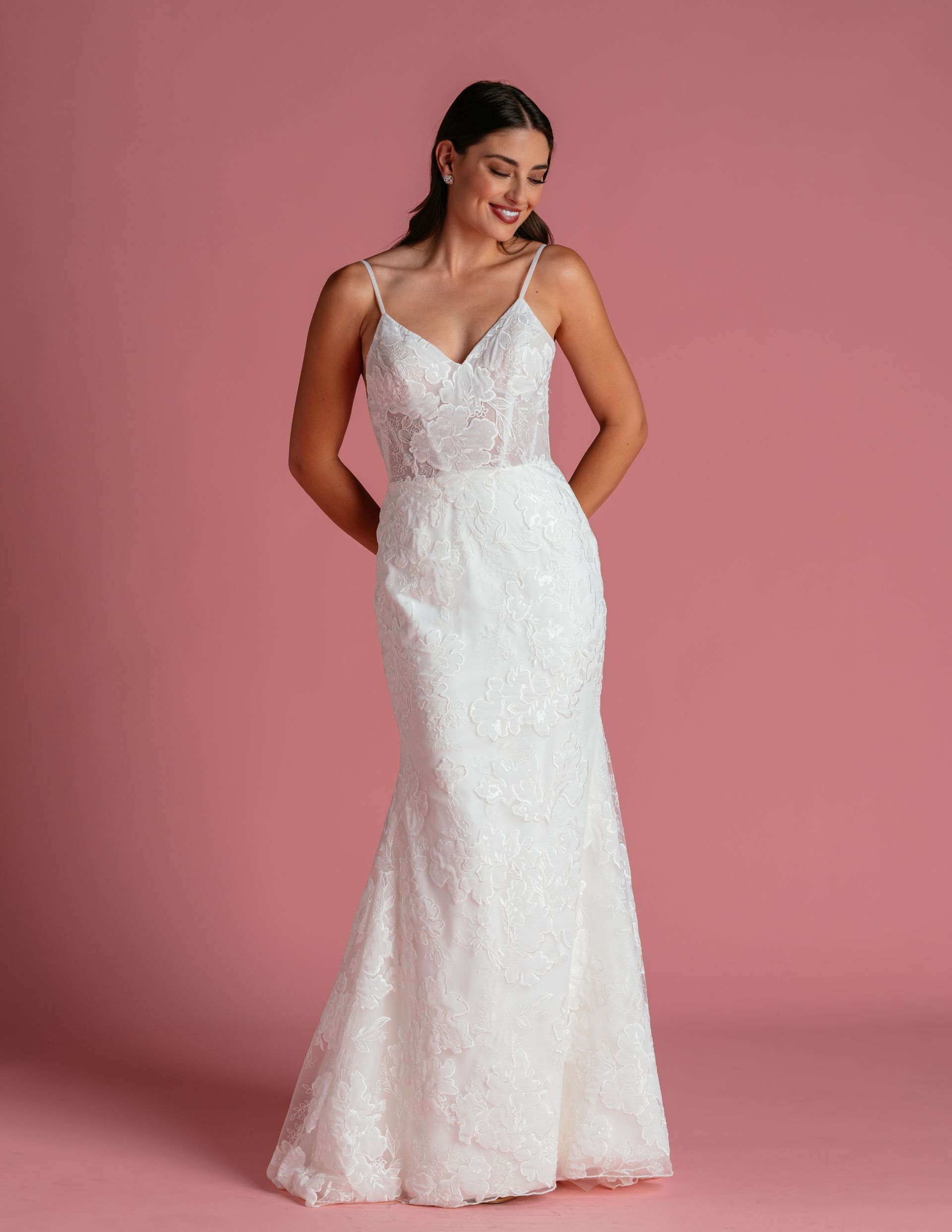 Allover bold cotton lace appliqué, V-neck, low V back, spaghetti straps, fit to flare