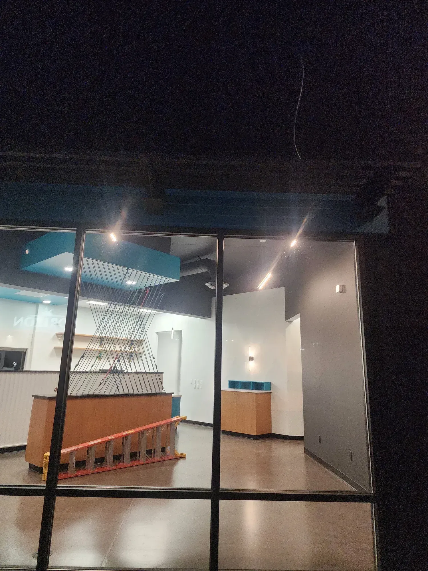 Empty modern lobby with glass doors, wood counter, white walls, and ceiling lights