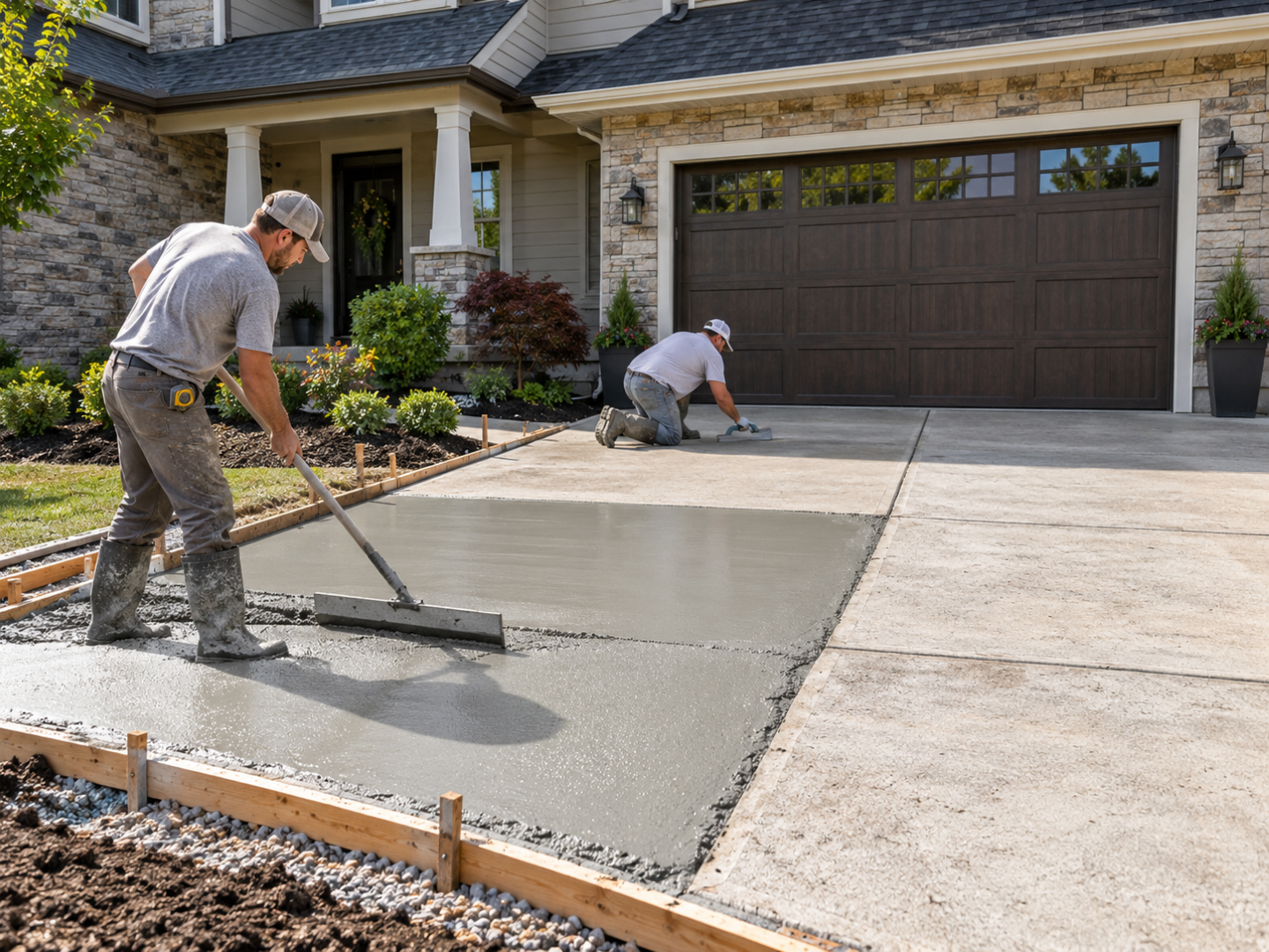 Workers smooth a newly poured concrete driveway during Concrete Services in Minnetonka, MN, for an even, durable finish.