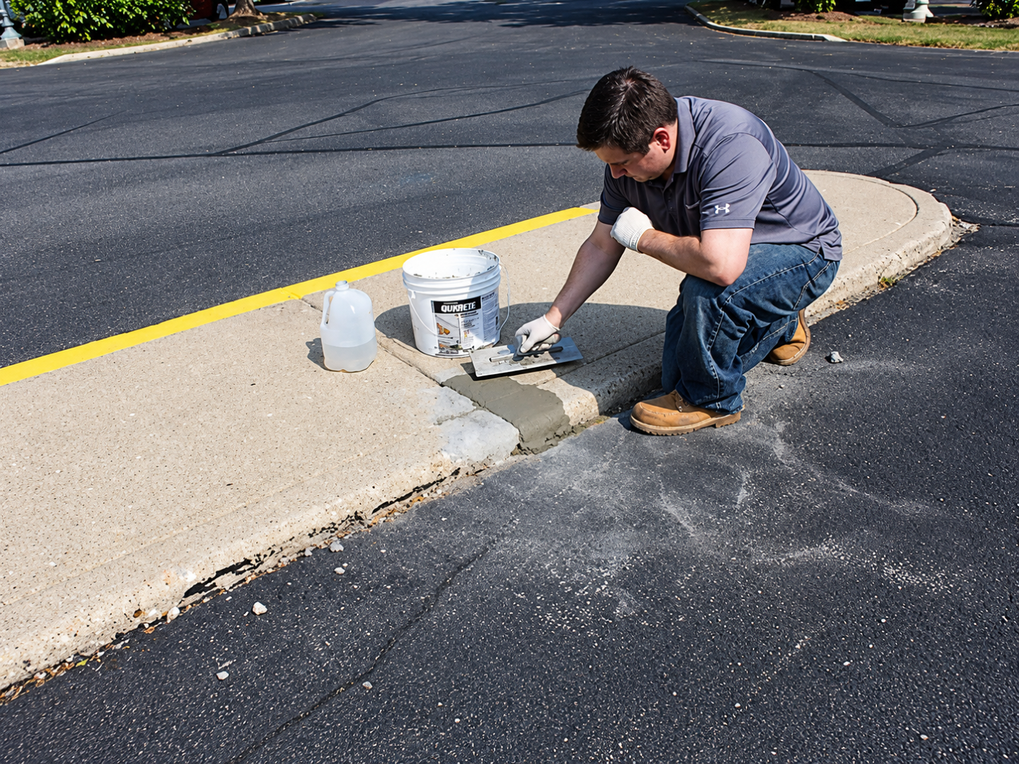 Worker patches damaged concrete near a curb during Concrete Services in Minnetonka, MN to restore a smooth safe surface.