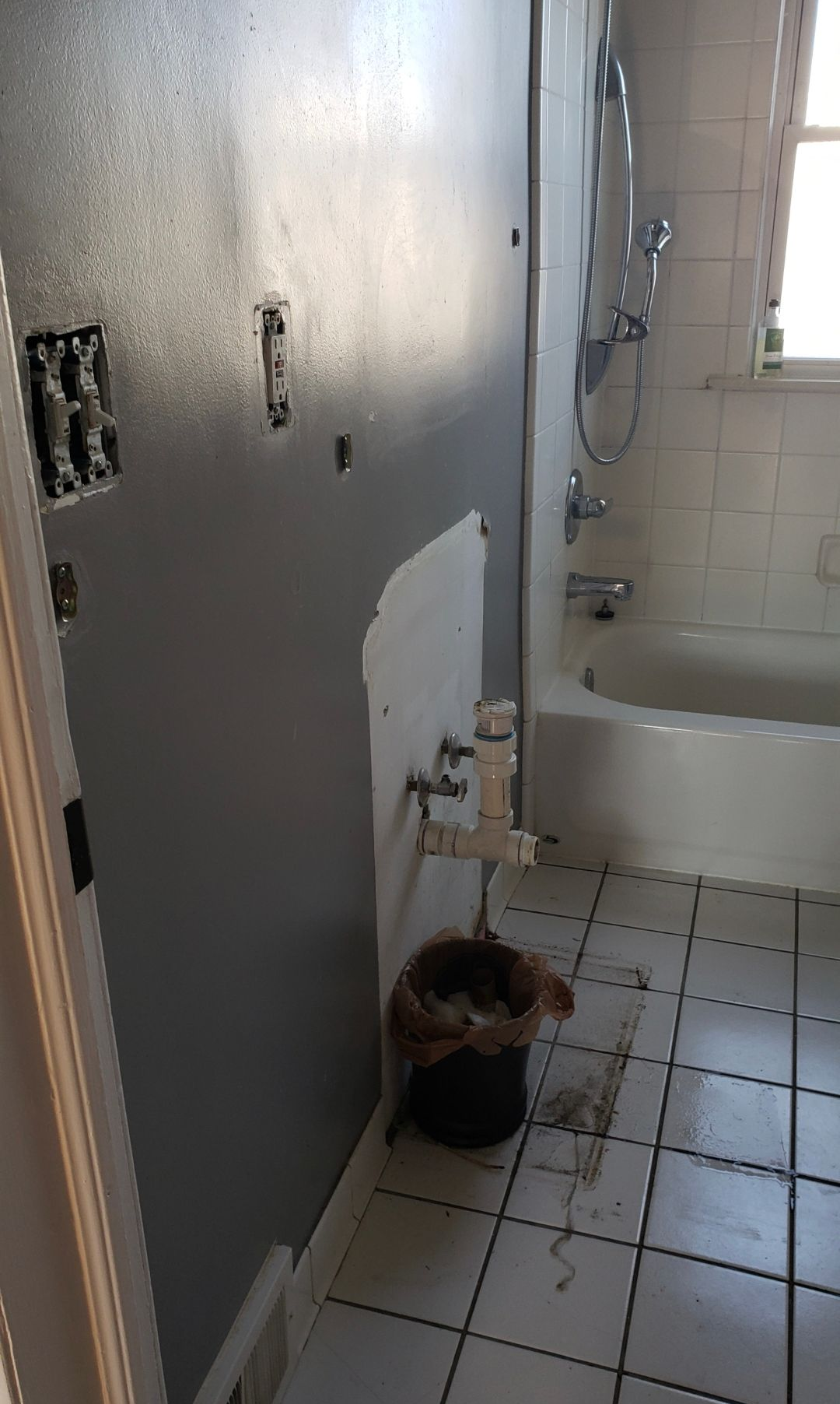 Small bathroom with shower and tub; a cat sits by a gray wall patch on the tiled floor.