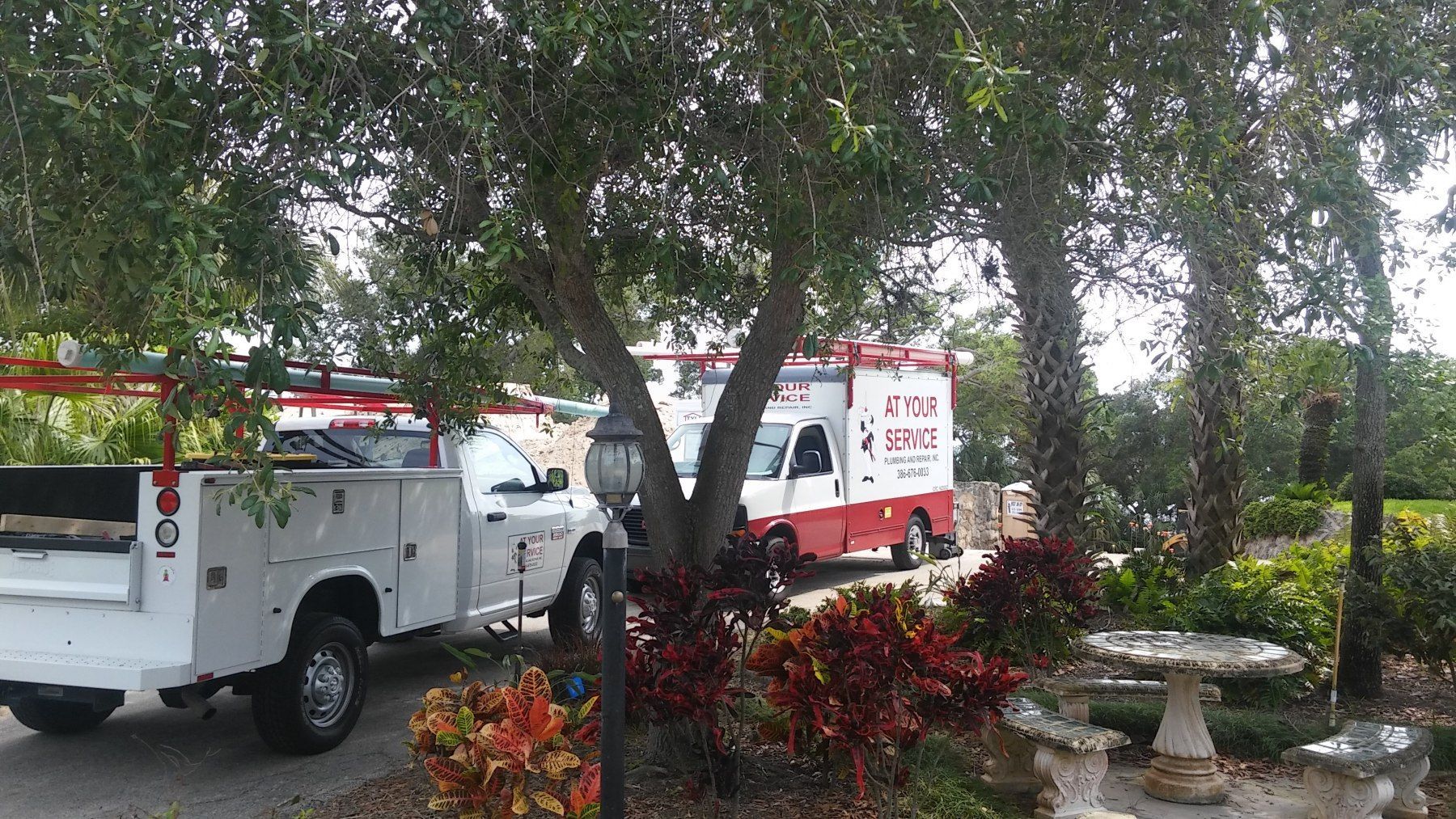 White work trucks parked near a tree and garden with red and green plants. One truck has a red and white logo.