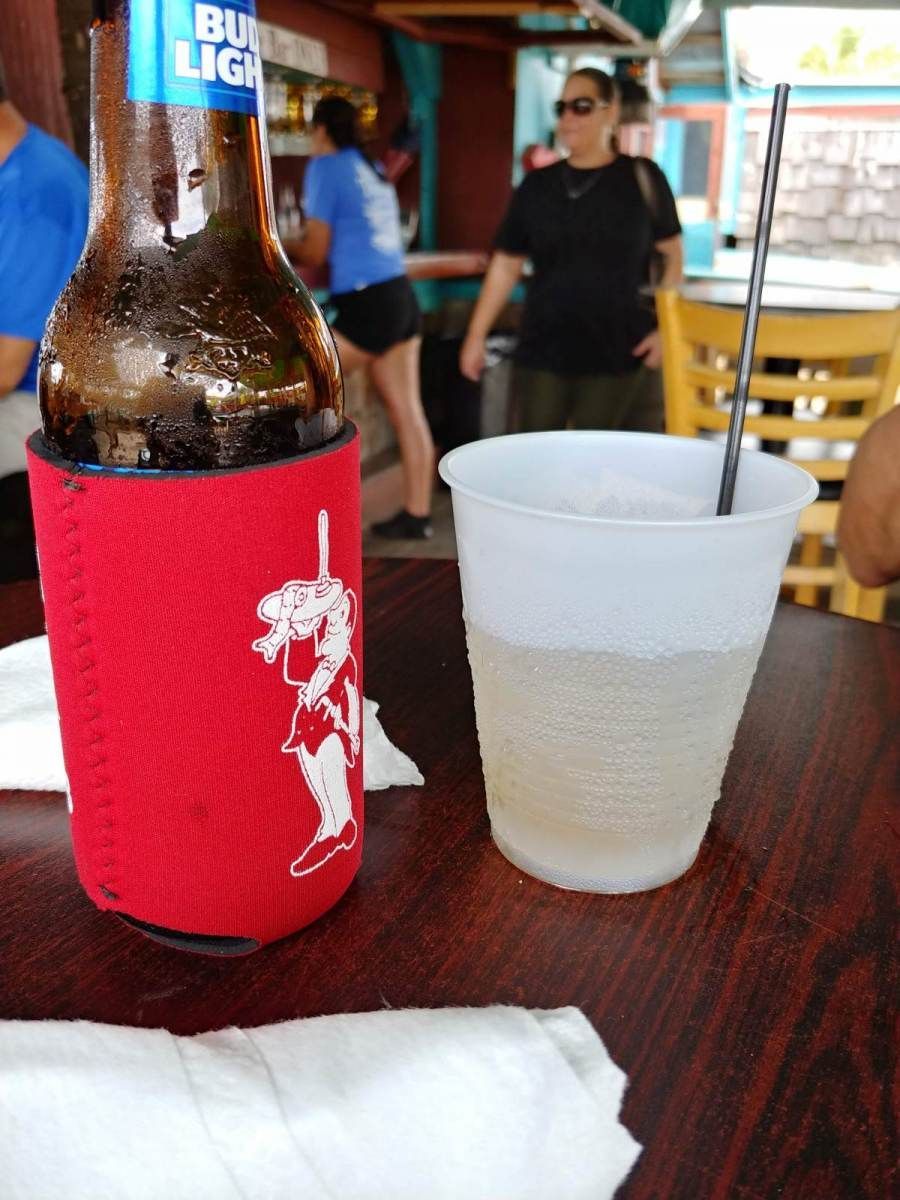 Beer bottle in red koozie, and a drink in a clear plastic cup on a wooden table.