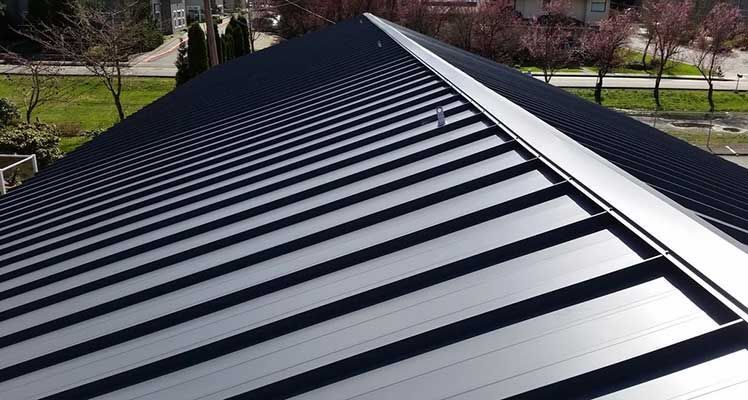 A close up of a black roof with solar panels on it taken by Riverside Roofing