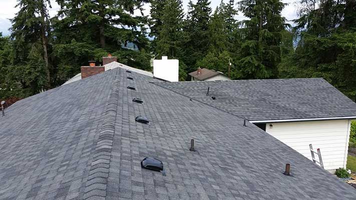 A roof of a house with a chimney and trees in the background taken by Riverside Roofing