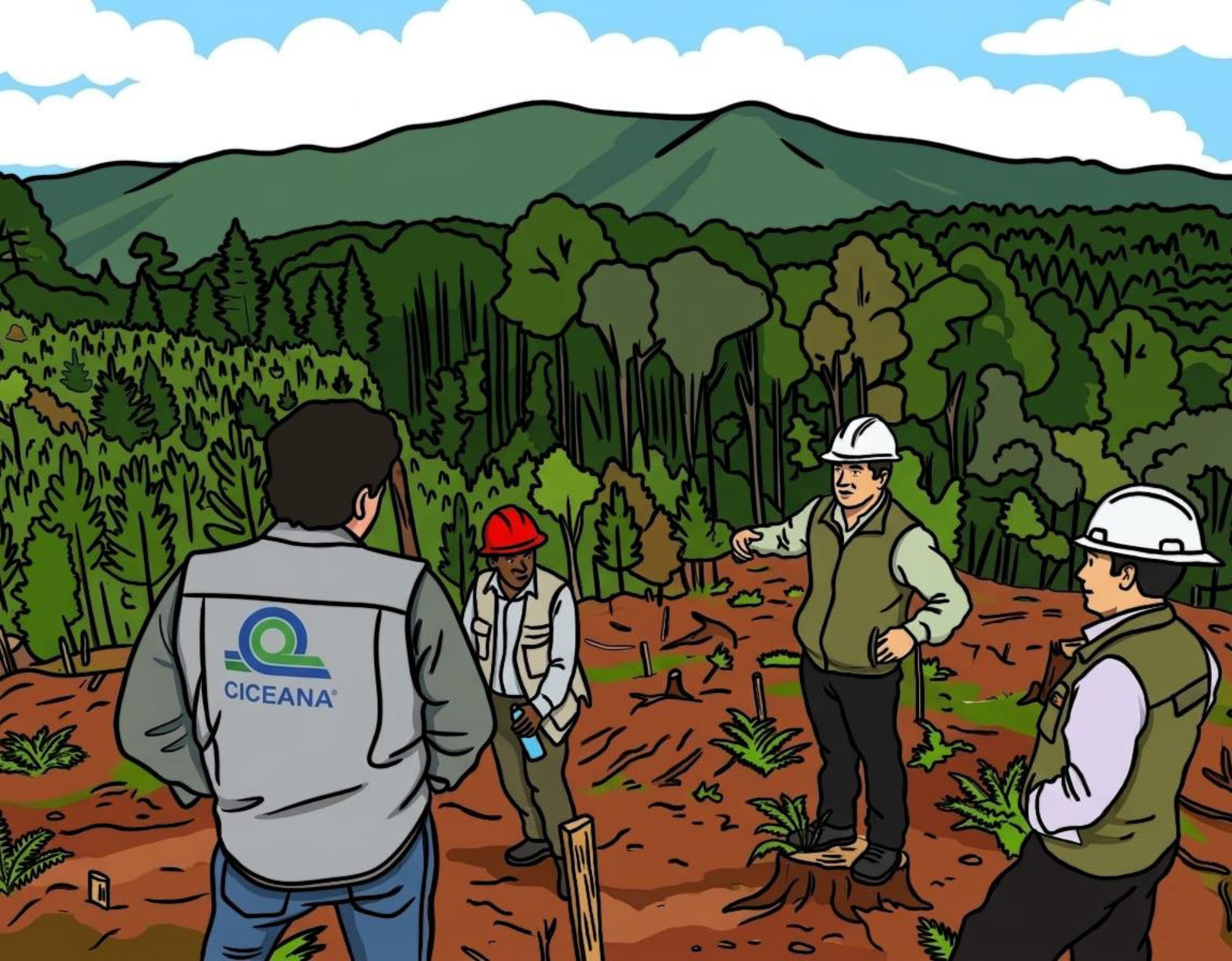 Cuatro trabajadores con cascos y chalecos de seguridad están de pie en una ladera boscosa con montañas al fondo.