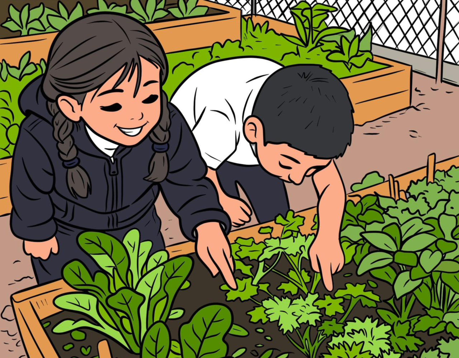 Dos niños sonríen mientras trabajan juntos en el jardín trasero, rodeados de hojas.