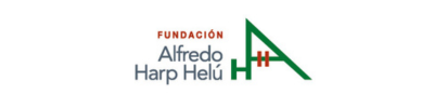 Logotipo de la Fundación Alfredo Harp Helú con techo verde estilizado y símbolo H rojo sobre fondo blanco.
