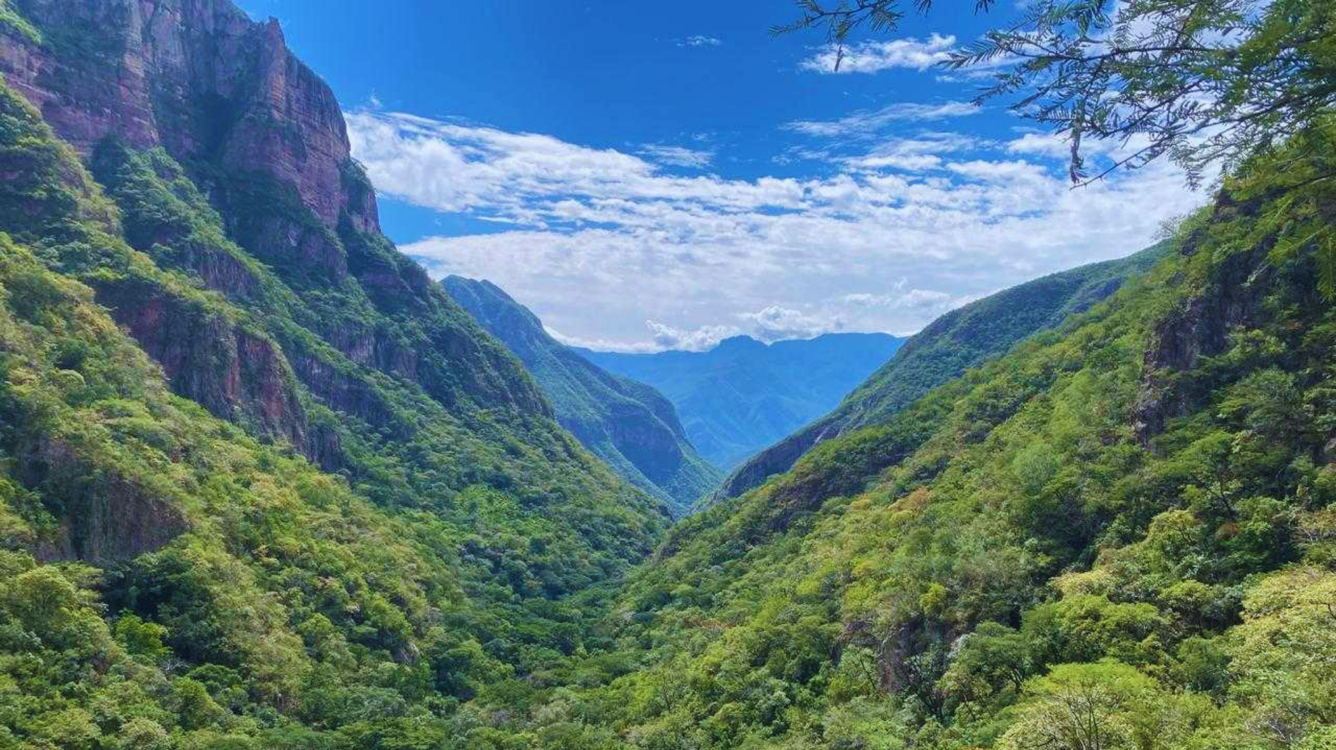 Valle de montaña exuberante y verde con acantilados escarpados y un cielo azul brillante salpicado de nubes.