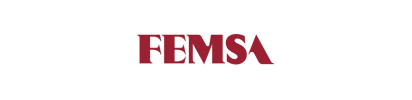 Logotipo de FEMSA en texto rojo sobre fondo blanco