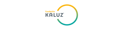 Logotipo de KALUZ con texto gris y una franja circular que cambia de color de amarillo a verde azulado sobre un fondo blanco.