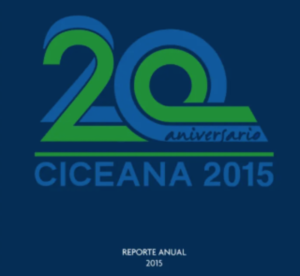 Portada azul del informe anual 2015 de CICEANA con logo “20 aniversario” en verde y azul.