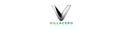 Logotipo de VILLACERO con una “V” plateada metalizada sobre texto verde sobre fondo blanco.