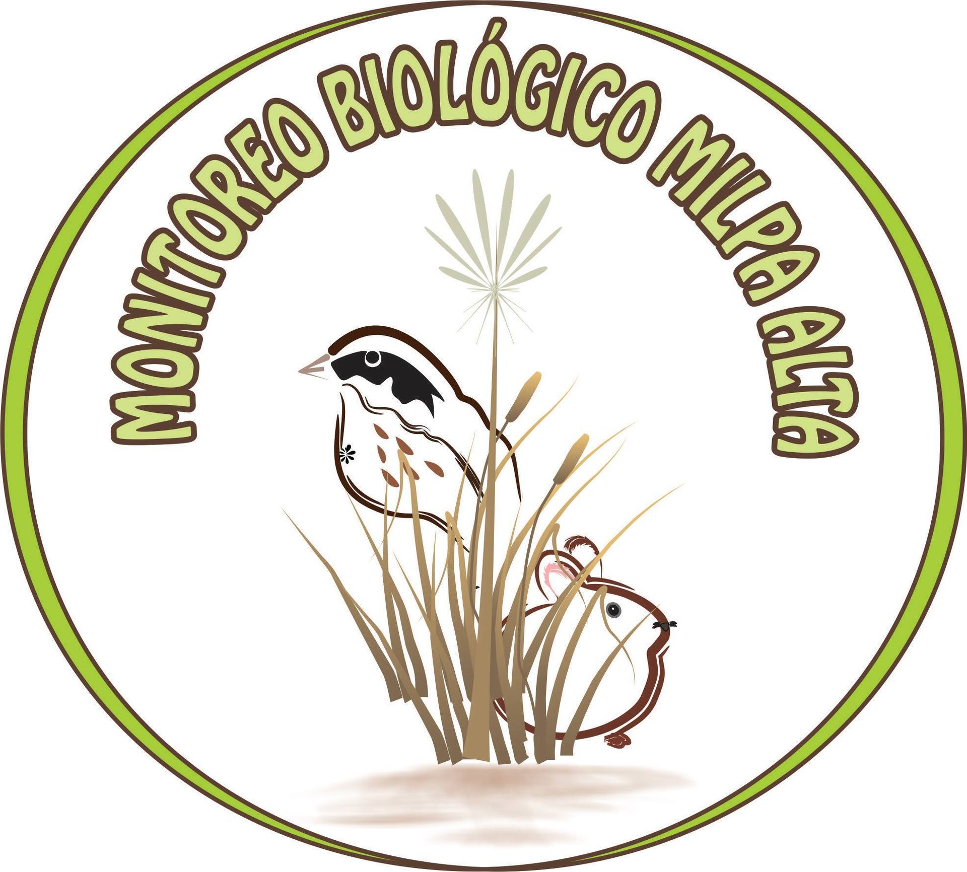 Logo circular de “Monitoreo Biológico Milpa Alta” con dos aves entre pastos y flores.