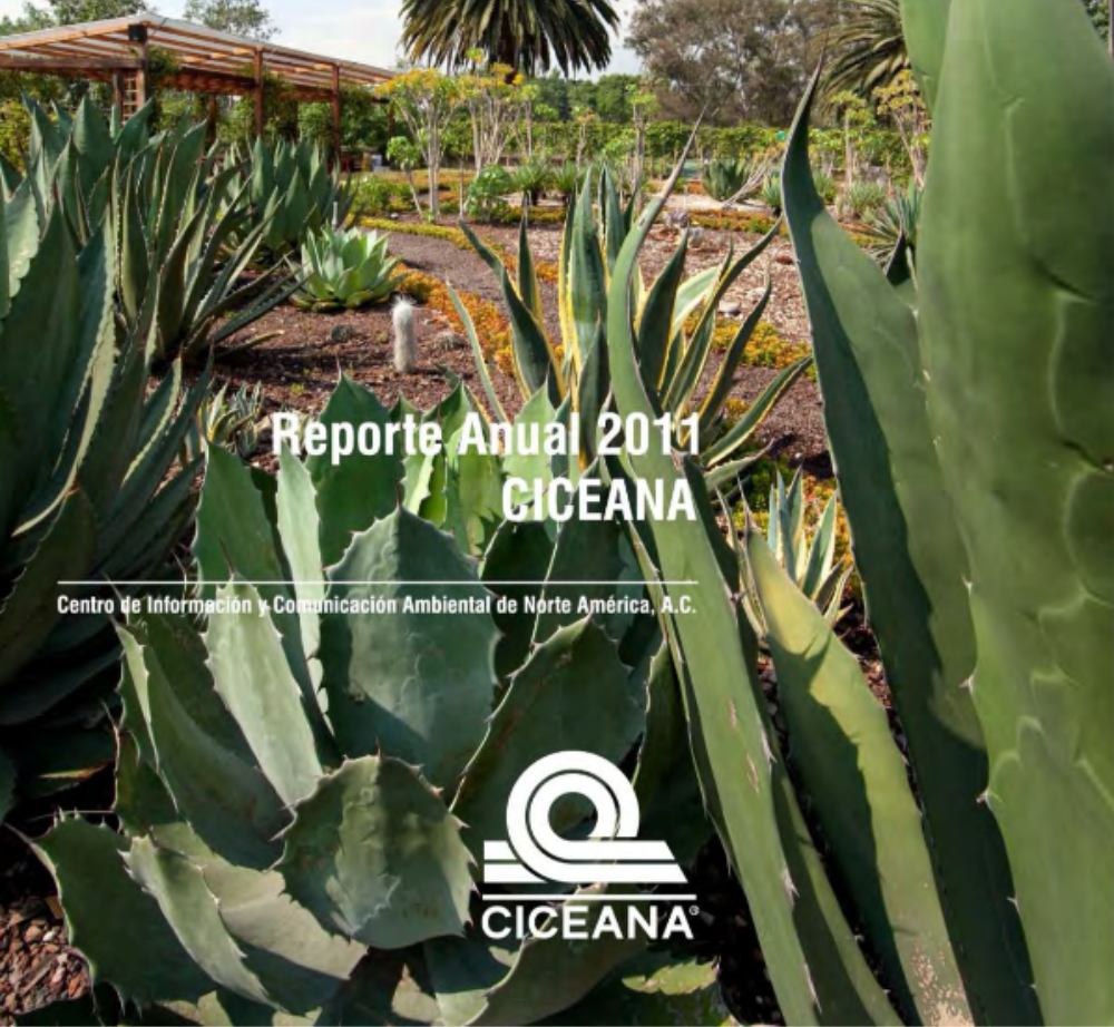 Portada del informe anual de CICEANA con exuberantes plantas de agave y una palmera en un jardín soleado.