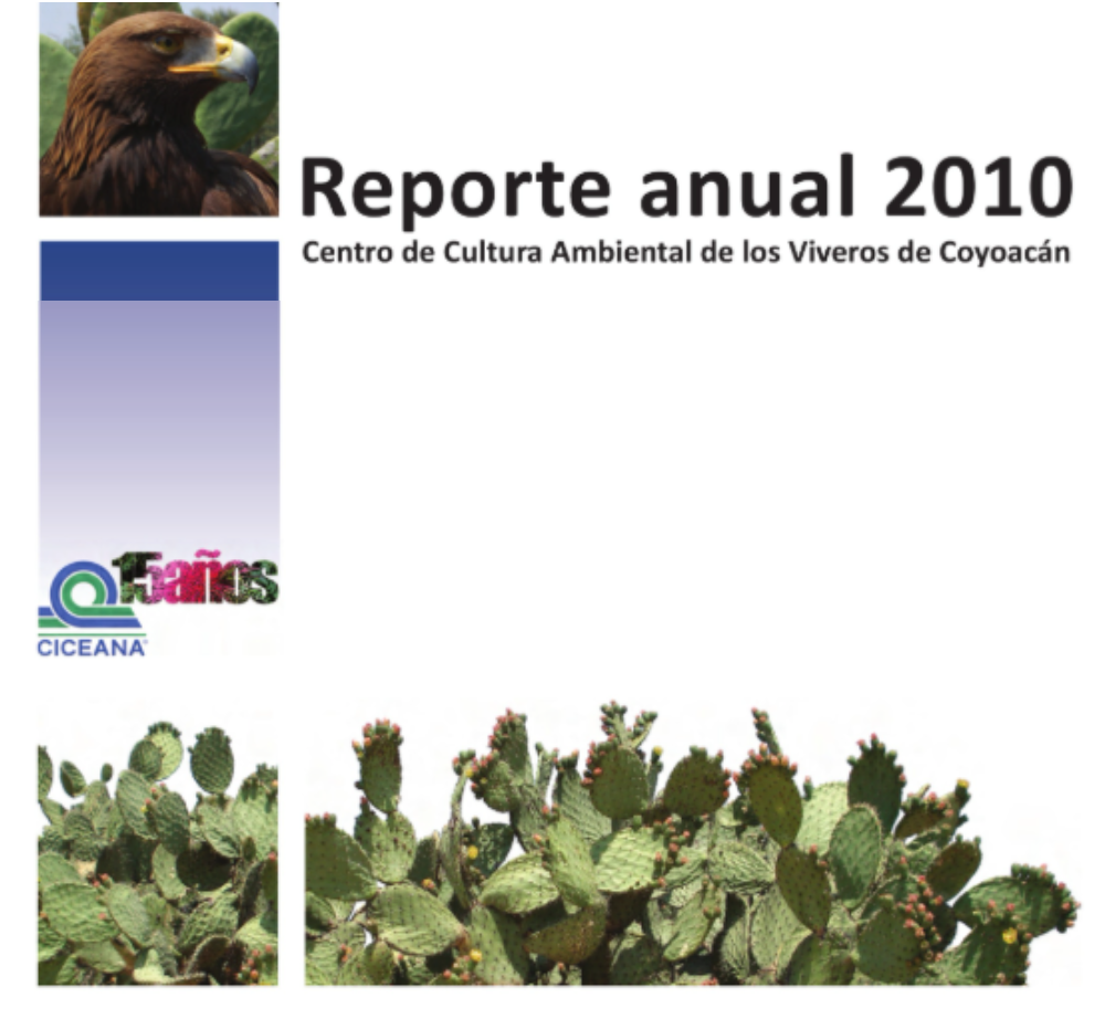 Portada de “Reporte anual 2010” con fondo blanco, franja azul y fotos de plantas y un ave.