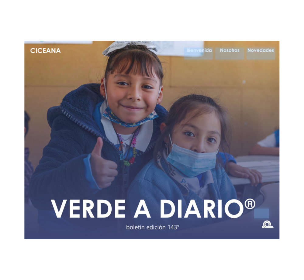 Cartel con dos niños sonrientes con máscaras y el texto “VERDE A DIARIO” sobre un fondo azul.