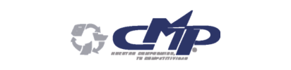 Logotipo de CMP en azul oscuro con símbolo de reciclaje gris sobre fondo blanco.