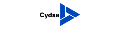 Logotipo de Cydsa con texto negro y un triángulo geométrico azul sobre un fondo blanco.