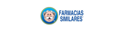 Logotipo de Farmacias Similares con texto azul y un farmacéutico de dibujos animados en un escudo circular.