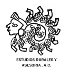 Logotipo en blanco y negro de un rostro estilizado con figuras circulares y el texto “ESTUDIOS RURALES Y ASESORIA, AC”