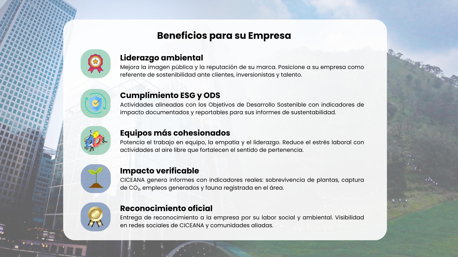 Infografía sobre los beneficios del español con cinco iconos en un panel blanco sobre un fondo de ciudad.
