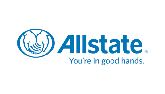 Allstate logo with blue hands cradling others inside a blue oval, company name and slogan.