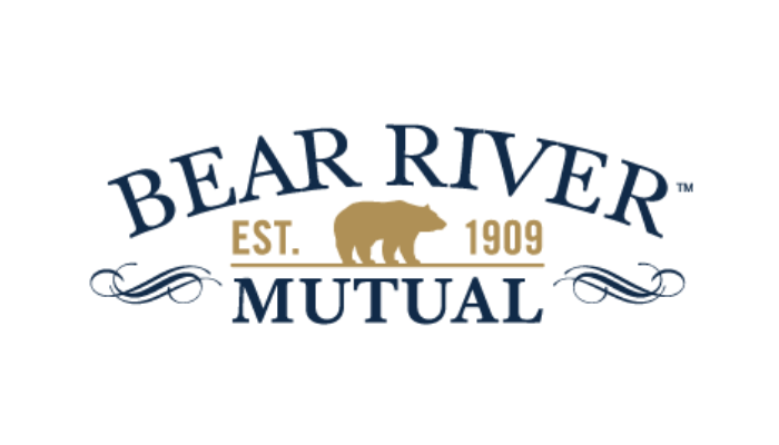 Bear River Mutual logo: Bear silhouette, blue text, arched 