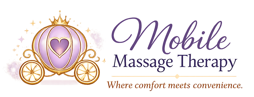 Logo for Mobile Massage Therapy featuring a purple carriage icon and the slogan "Where comfort meets convenience."