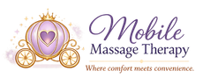 Logo for Mobile Massage Therapy featuring a purple carriage icon and the slogan "Where comfort meets convenience."