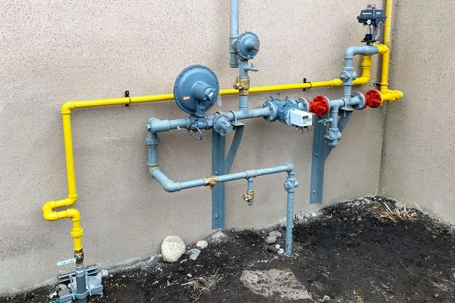 Gas meter and piping mounted on a wall with bright yellow and blue pipes outdoors.