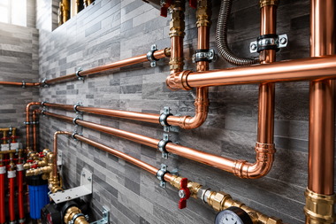Copper pipes and valves mounted along a gray brick wall in an industrial utility room