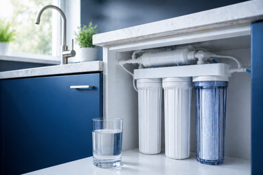 Under-sink water filter with four cartridges beside a kitchen sink and glass of water