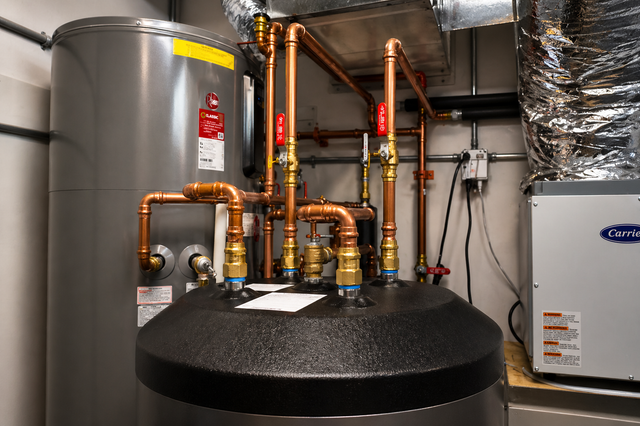 Residential boiler room with gray tanks, copper pipes, and black insulated heating equipment.