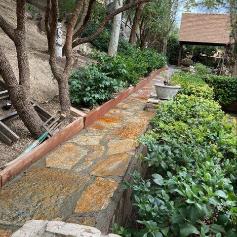 Stone garden path beside trees and shrubs, leading to a small wooden shelter.
