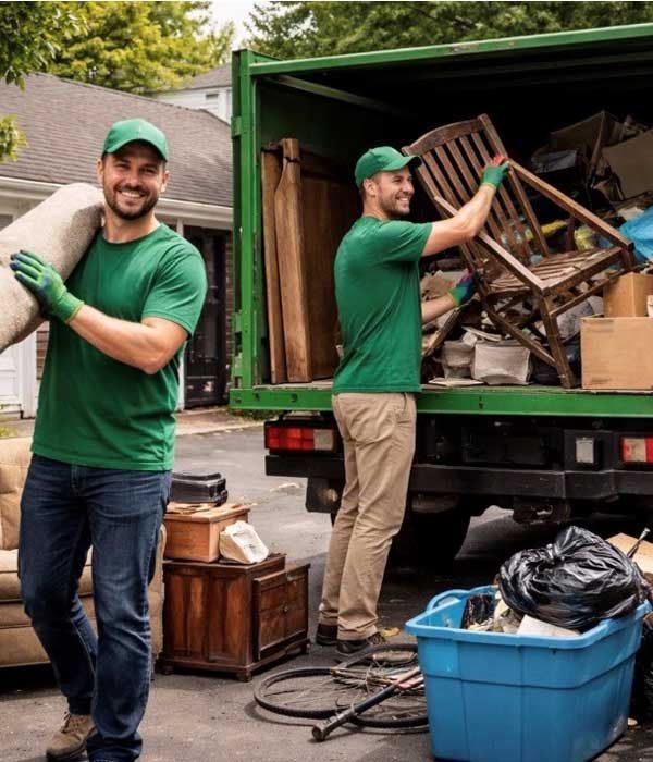 Two movers in green shirts load furniture and junk into a green truck outside a house.