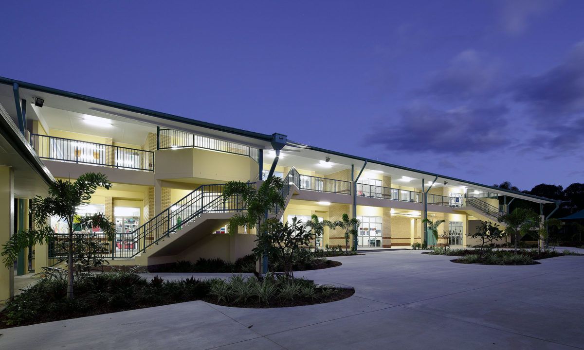 Two-story Educational Building at Dusk,  Surrounding Landscaped Gardens — JIC Projects Pty Ltd in Runaway Bay, QLD