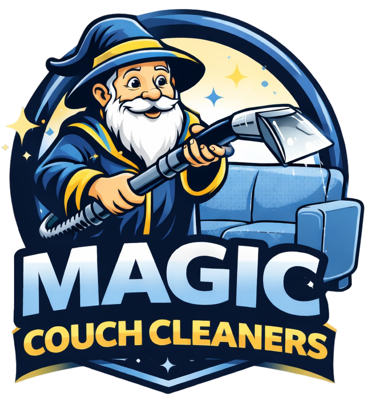 A logo showing a smiling wizard using a vacuum wand to clean a blue couch, with the text "MAGIC COUCH CLEANERS."