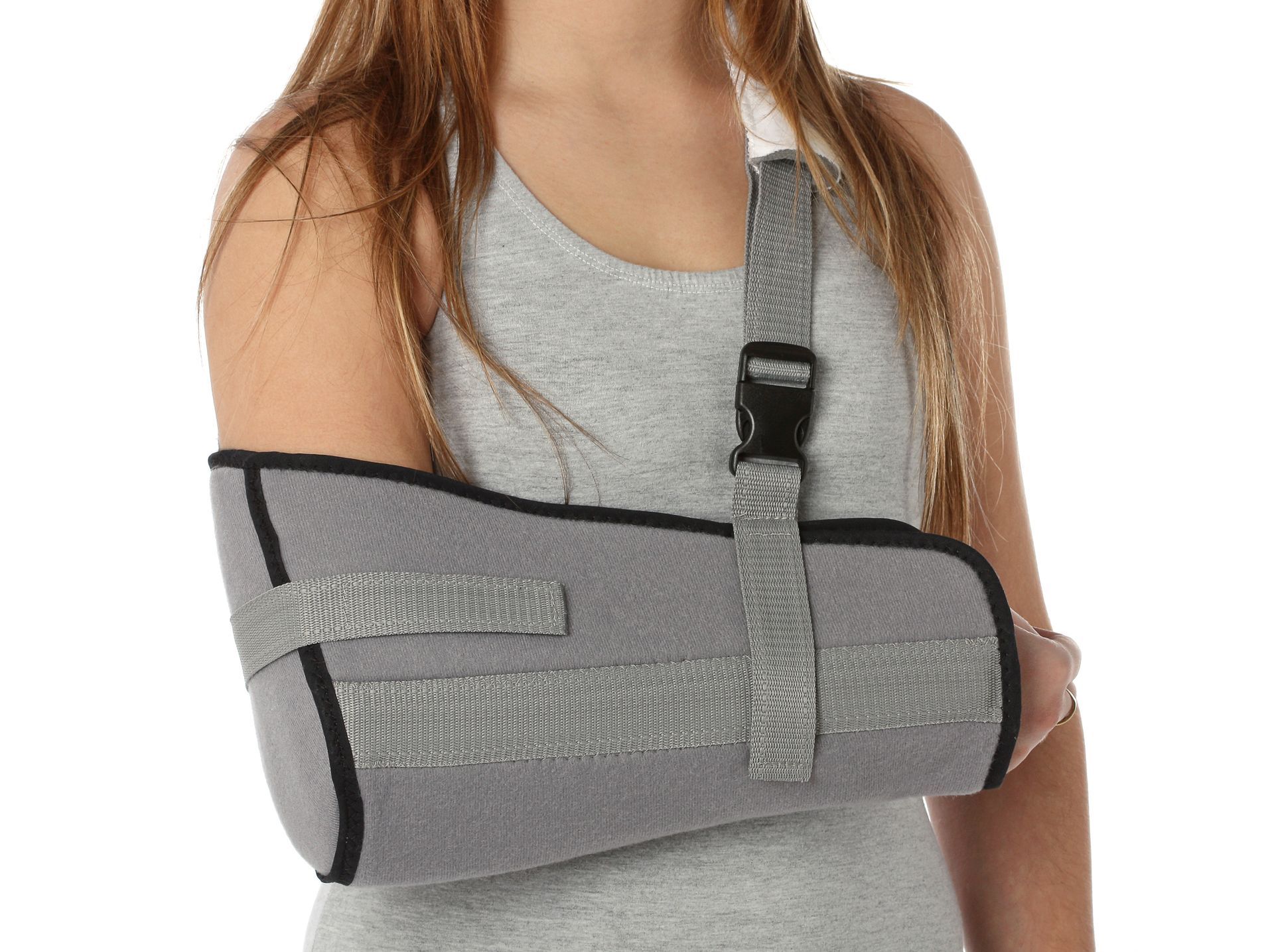 Image of a woman wearing a gray brace on her arm Image of a woman wearing a gray brace on her arm