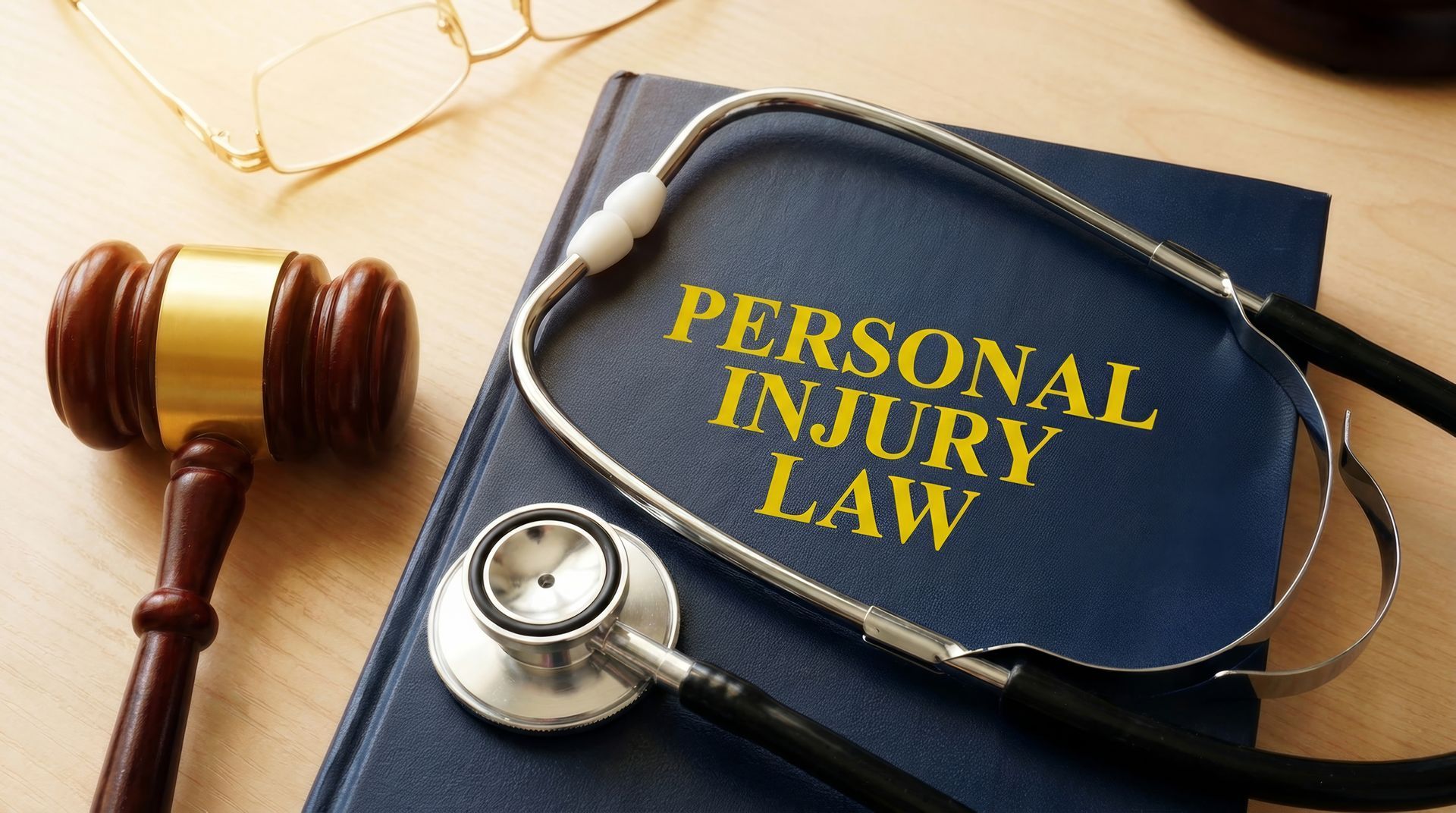 Personal Injury Claim Lawyer gavel and stethoscope on a book labeled Personal Injury Law. Personal Injury Claim Lawyer gavel and stethoscope on a book labeled Personal Injury Law.