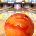 Orange bowling ball on a lane in a bowling alley, centered and ready to roll