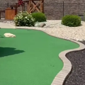 Mini golf course with a rock waterfall, tall evergreen, and winding green putting path under a blue sky