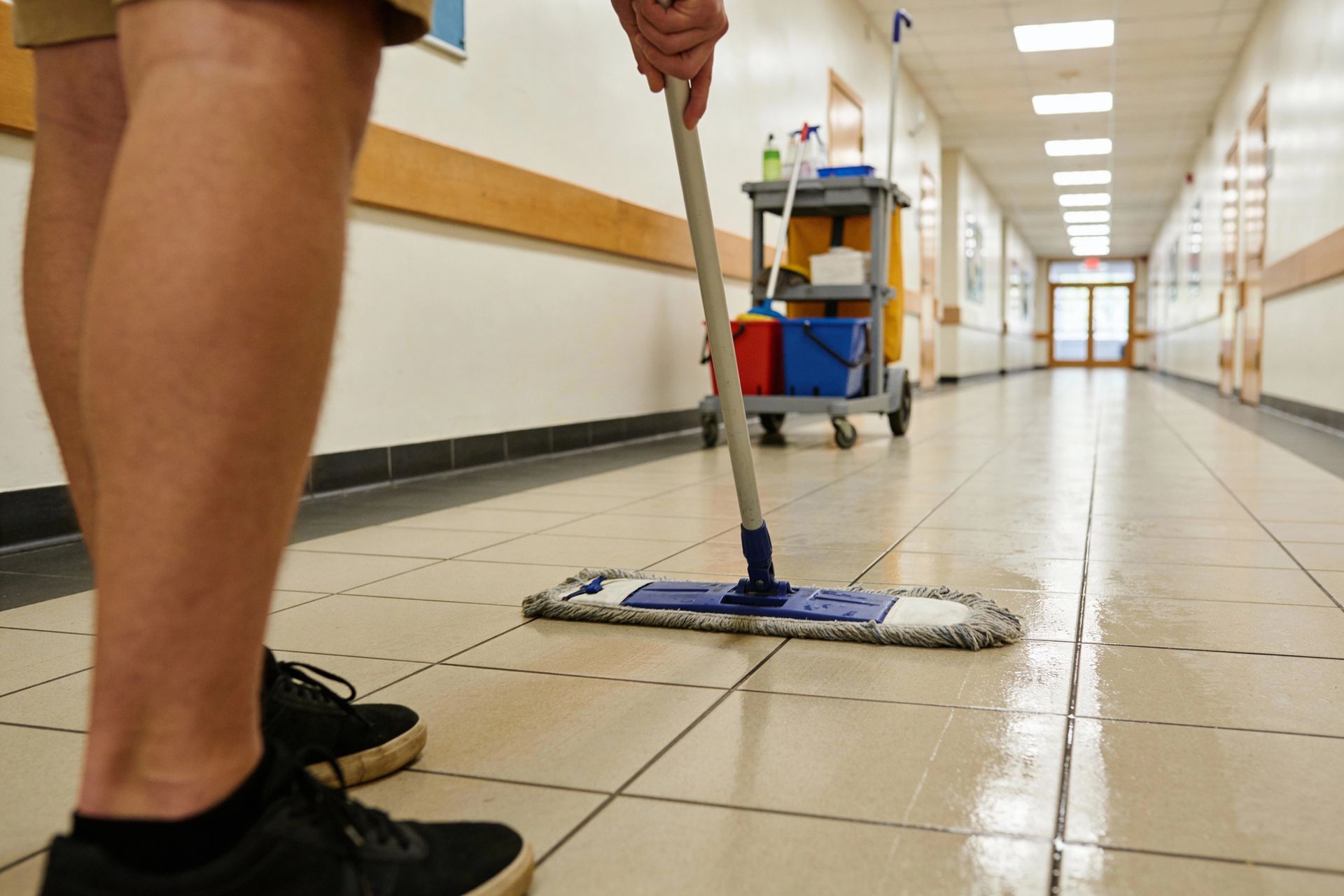 Person mopping a hallway floor with cleaning cart in background.