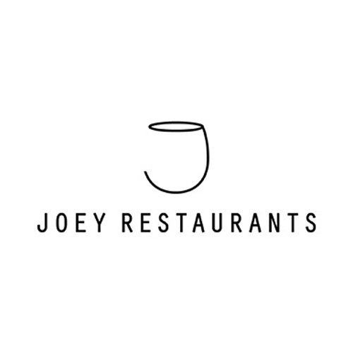 A black and white logo for joey restaurants with a drawing of a cup.